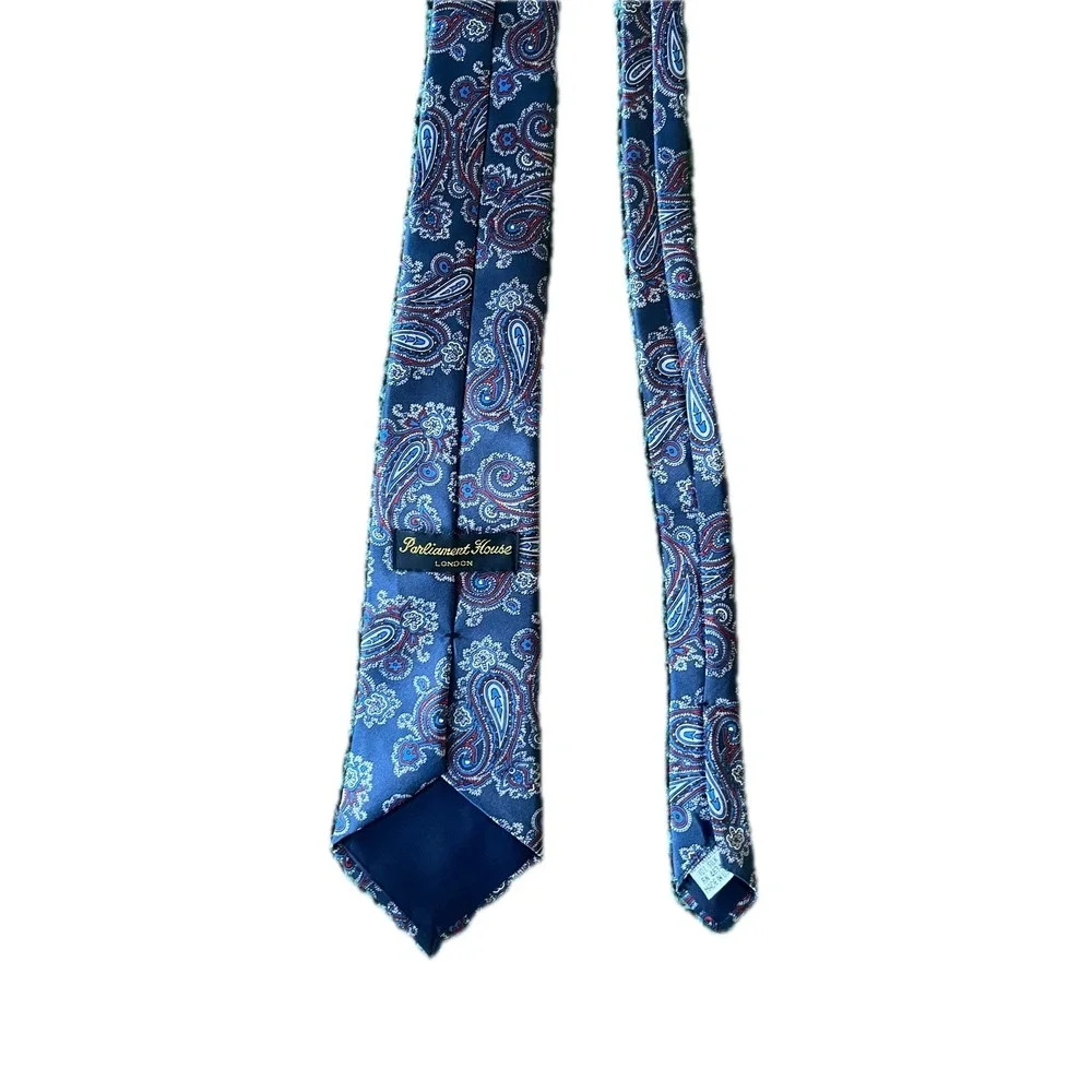 Vintage Parliament House London Mens Silk Tie Navy Blue Red Paisley Made in USA